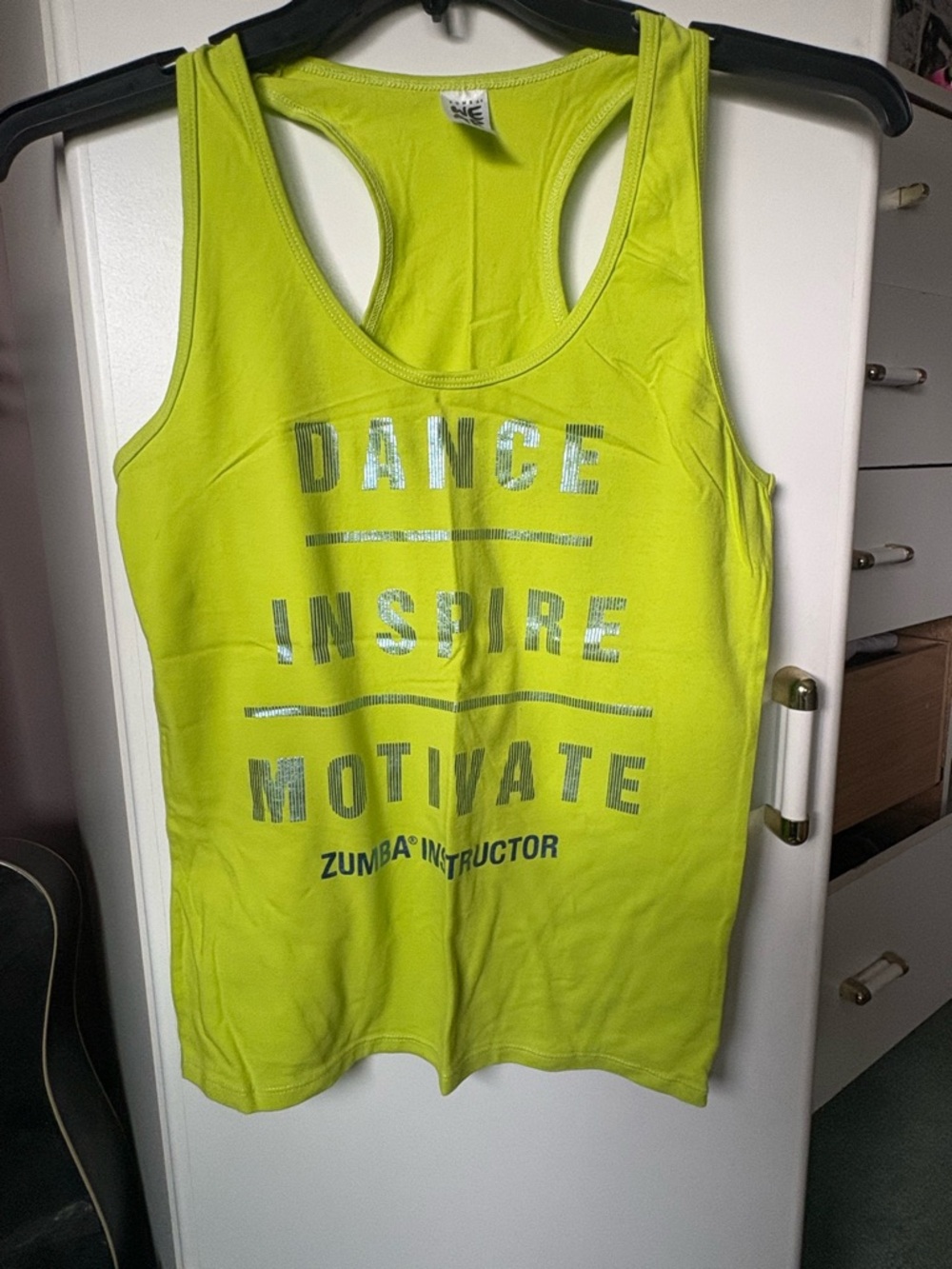 Zumba Fitness Neon Yellow Racerback Tank Top with Silver Text